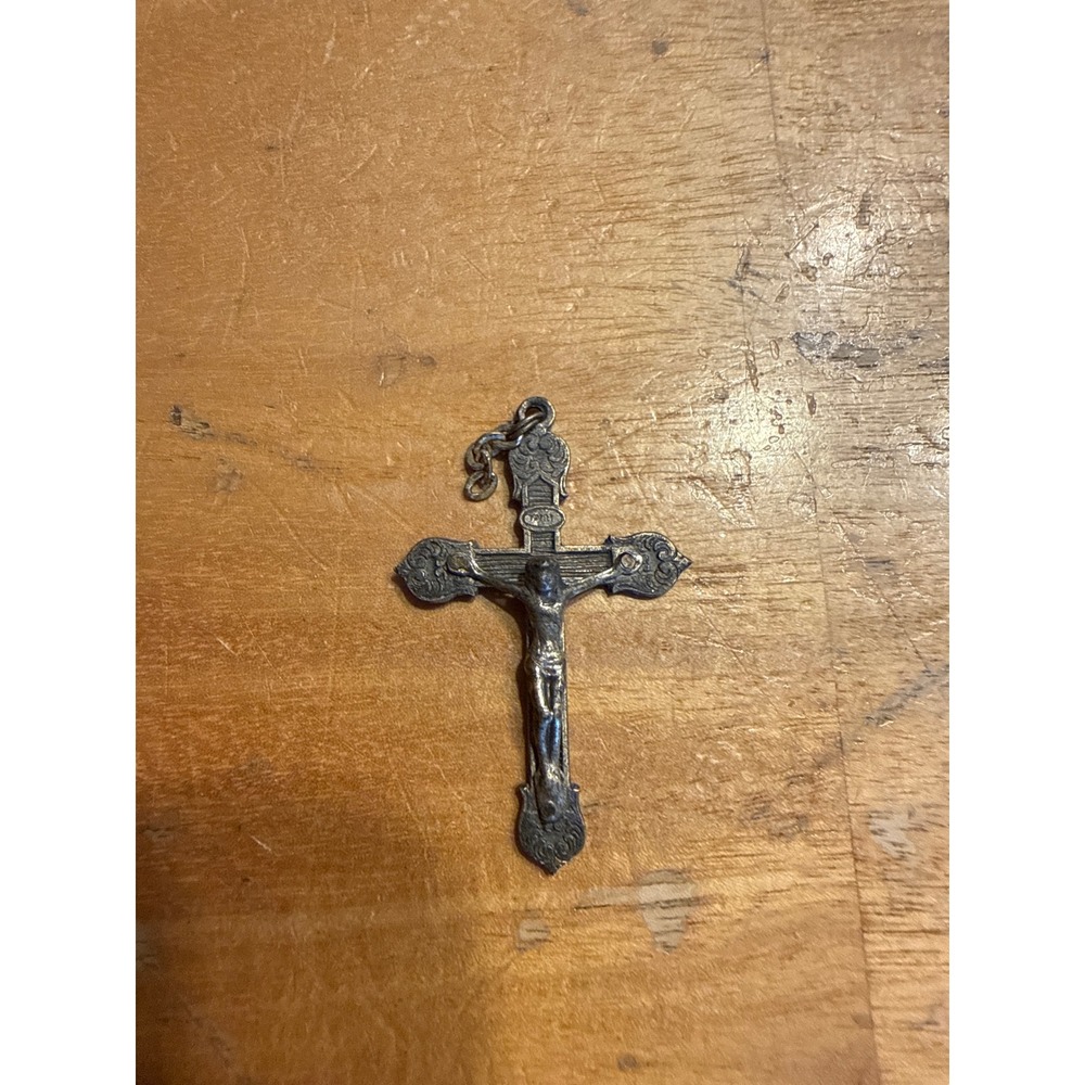 Vintage INRI Italy Crucifix Cross Pendant Silver Tone Ornate‎ Jesus Religious